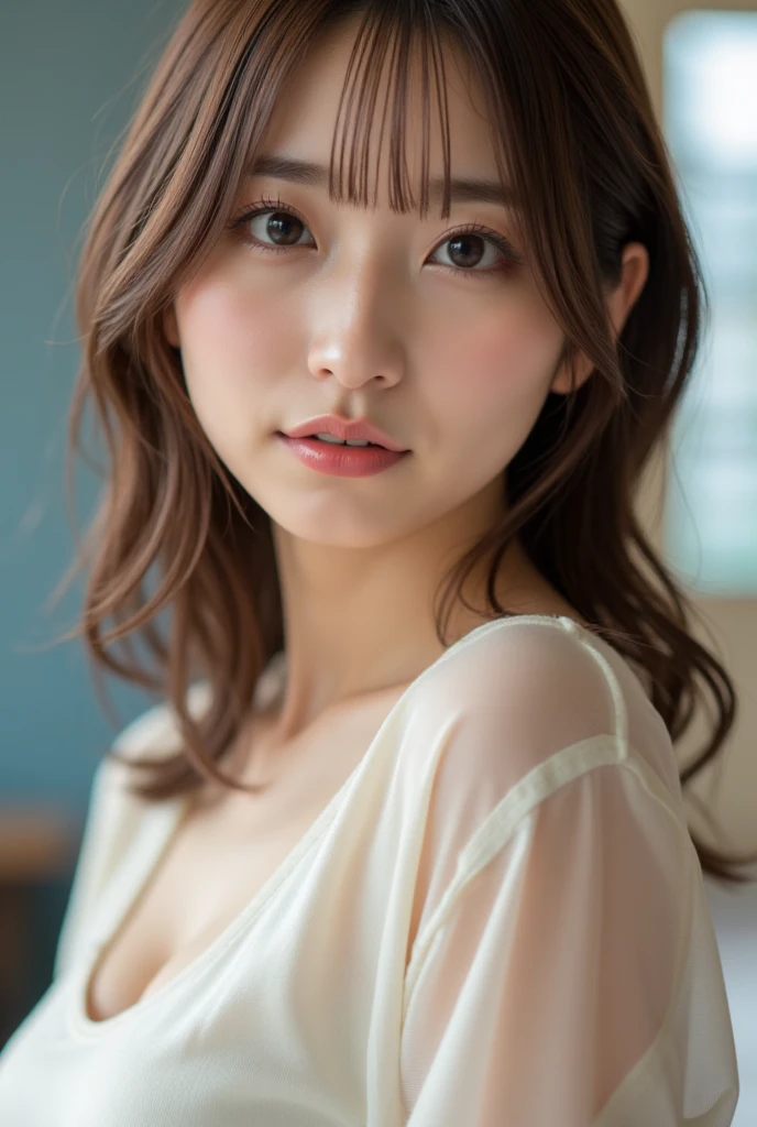 A beautiful Japanese woman with a flawless, symmetrical face embodying the golden ratio. She has medium-length shaggy hair, with delicate layers that frame her face, emphasizing her fair complexion. Her small chest is visible, with a subtle cleavage showing, as she wears a simple camisole. The overall look is natural yet striking, highlighting her delicate and refined features.