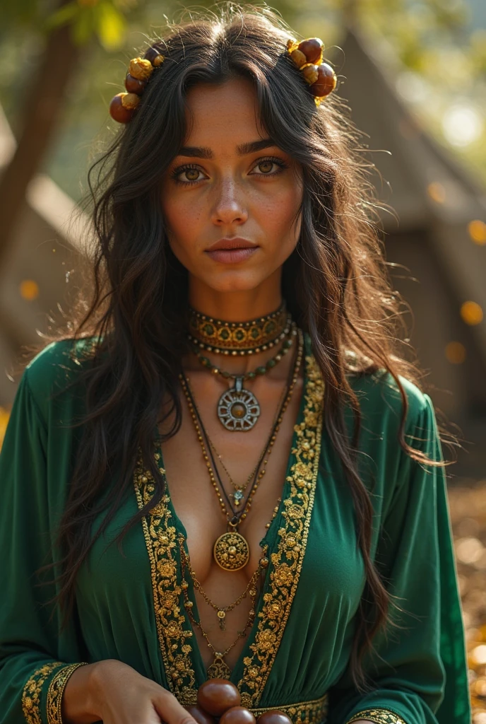 A 20-year-old Victorian woman of Apache and English descent with black hair and green eyes, light cinnamon skin and an innocent and pure face., ( let his face be seen) Perfect body with big breasts dressed in Robin Hood style wearing a dark green velvet robe with gold embroidery, pants of the same tone and a brown leather belt. About the tunic, A light green cape falls to the ankles, combined with brown leather high boots. On his shoulder, He carries a wooden bow and a quiver full of arrows.. Complete your outfit with a small green feather headdress., reflecting a fearless and adventurous elegance.
