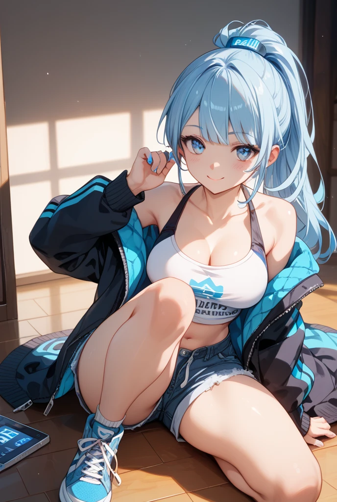 (((masterpiece))), ShizukaMikazuki, One Girl, alone, View your audience, Long Hair, Gray Hair, Long sleeve, Cleavage, Huge breasts,clavicle, Mature Body,Glamorous Body,Trained abdominal muscles,Make your face a little smaller,Make your breasts bigger,tall,Blushing,High Ponytail,Blouson, Open clothes, open Blouson, light blue Blouson,nude,Black sports bra,Black hot pants, Play sports often, Choker with charm,Earrings,Belly piercing,Laughing embarrassedly,blue eyes,natural Park,Shooting from an angle,Sweat all over,