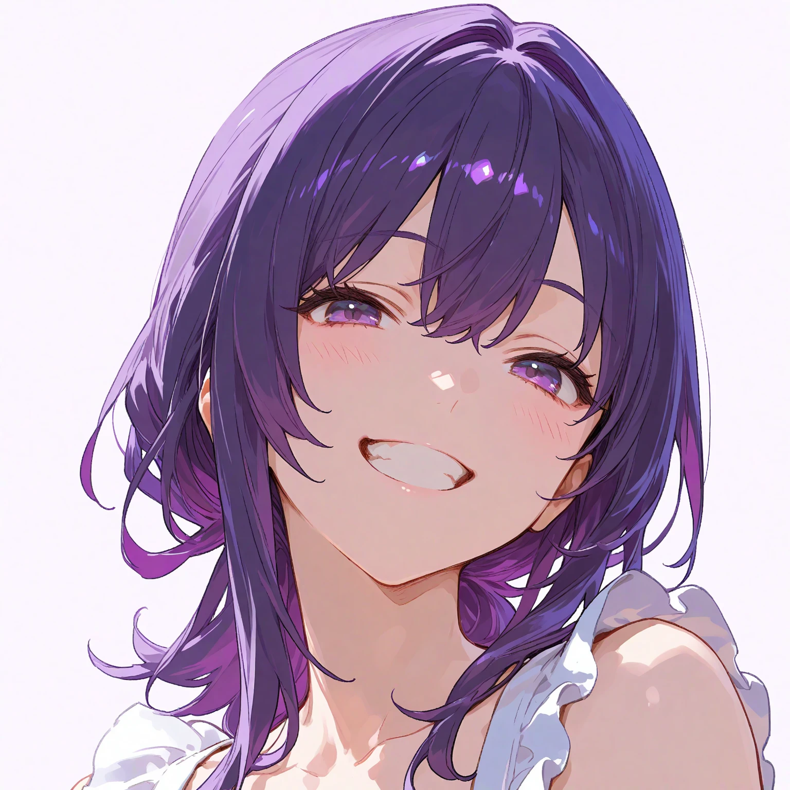 masterpiece, best quality, artist:yoo tenchi, 1girl, solo, toyokawa fuka, short hair, messy hair, wavy hair, dark blue hair, antenna hair, brown eyes, white crop top, latex shorts, large breasts, leaning forward, wink right, looking at viewer, no background, white background