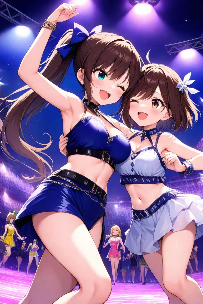 Highest quality、All limbs、Full Finger、Slender beauty、Brown Hair、yours、Idol Costumes、Knee socks、Beautiful big 、Live Stage、sing、Grab the microphone, Dancing、Big smile、 Embarrassed facial expression dynamic angle、Naughty wind