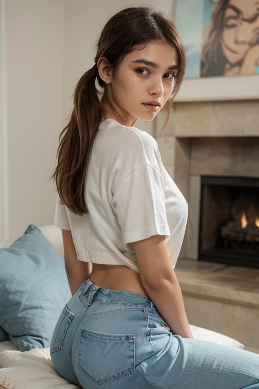 (best quality,4k,8k,highres,masterpiece:1.2),ultra-detailed,(realistic,photorealistic,photo-realistic:1.37), HDR, UHD, studio lighting, ultra-fine painting, sharp focus, physically-based rendering, extreme detail description, professional, vivid colors, bokeh, portraits, photography, beautiful fit young woman, micro jean shorts, cut-off t-shirt, small breasts, athletic body, very long loose hair, long legs, back view, lora:yoko_dancer:0.800000