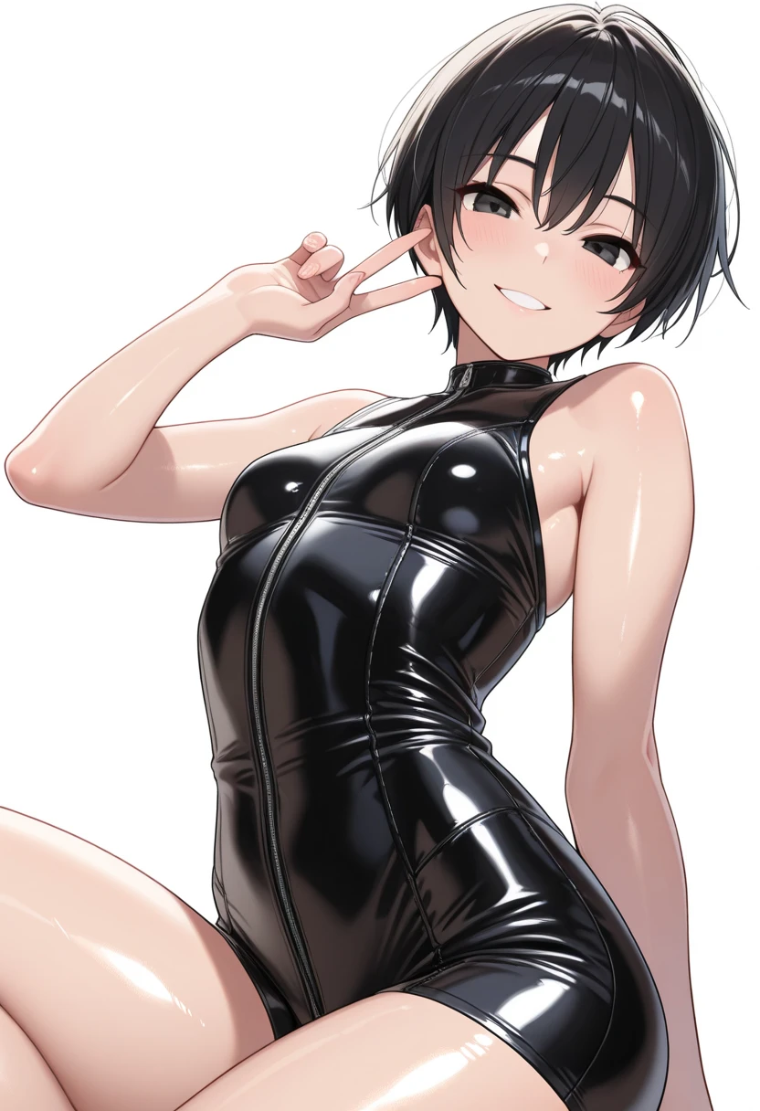 Very cute effeminate guy 17 years old; thick shoulder-length brown hair; big brown eyes, long eyelashes; carefree cheerful smile; Almost flat chest; in a women's leather one-piece closed swimsuit; Full-length photograph from a short distance; anatomically accurate, Realistic textures, max detail