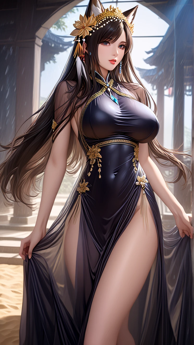 beautiful Thai chubby woman, artistic pose, perfect symmetric eyes,  with soft lush warm black long hair flowing, digital painting, with a beautiful delicate silk dress printed with flowers, art portrait by Vladimir Volegov, a ultra hd detailed painting, complementary colors, vintage, oil painting brush strokes dark studio background, sharp focus, glow light, dynamic light, highly detailed, intricated, clarity, high quality