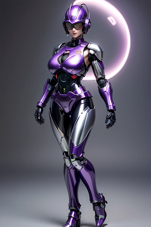 female robocop solo、Armor that completely covers the whole body、very large armor、helmet to hide eyes、metallic purple armor、Armor that completely covers the chest、thin and long legs、Vibrant posel body view