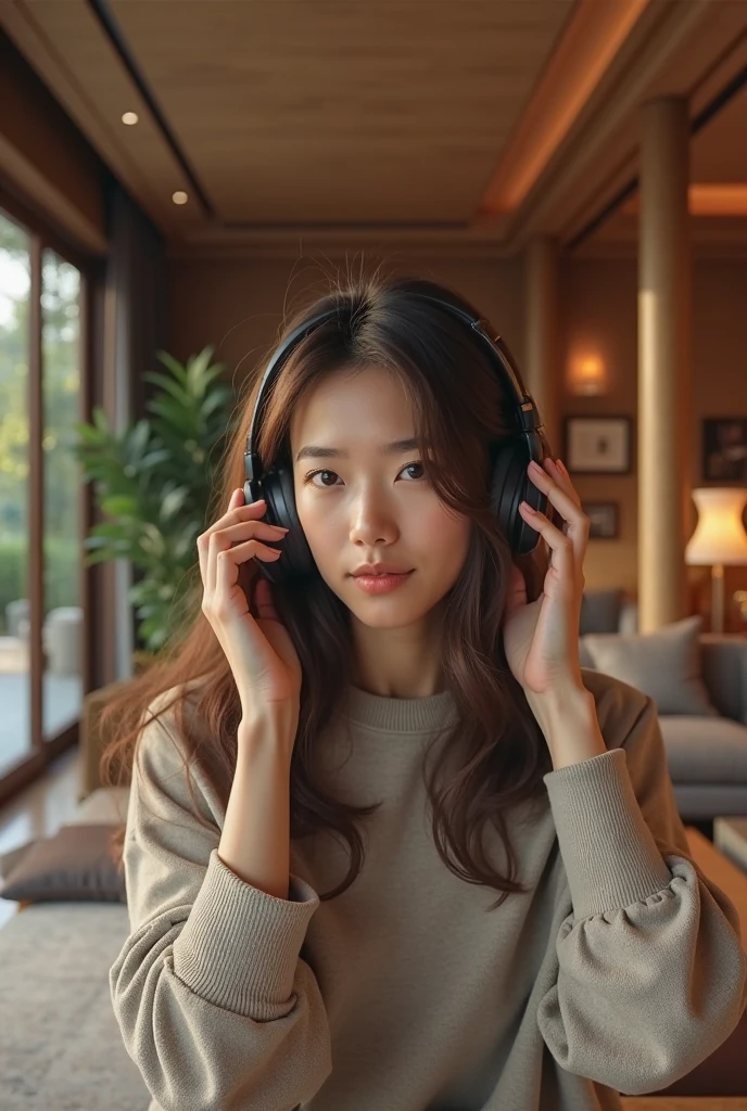 a beautiful young korean girl wearing a pink sweater and short pants, sitting in a cozy room, wearing big over-ear headphones, long dark hair, cute expression, high quality, realistic, ultra-detailed, (best quality,4k,8k,highres,masterpiece:1.2),ultra-detailed,(realistic,photorealistic,photo-realistic:1.37), soft lighting, warm colors, cinematic composition, intricate details