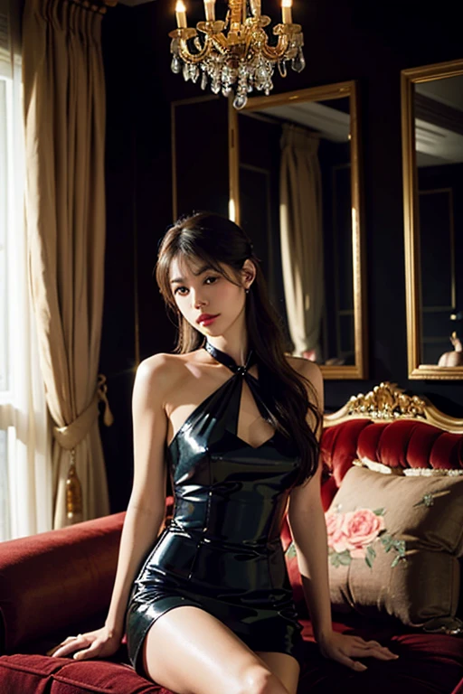 (((((a 20 yo woman, Luxurious dresses, cowboy shot, from side, black very short hair, ))))), ((((masterpiece, best quality, highly detailed, RAW photo, 超A high resolution)))), Highly detailed facial and skin texture, A detailed eye, Crisp focus, an asian young and beautiful girl, de pele branca, Real human skin, oval-face, A person who sees with calm and goddess-like eyes, lipgloss, eye lashes, Gloss Face, Wide range of lighting, Natural shading, slight smile, Clear facial features, beautiful countenance, double eyelids, sagging eyes, Large rooms in luxury hotels, Flower arrangement