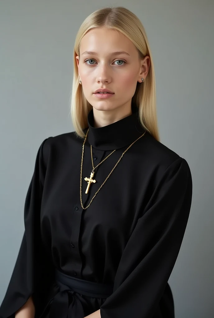 European woman, closeup, (shirt), pants, (kitchen), cross necklace , ZM_tracy, wide shoulders, perfect face, (contact iris: 1.1), pale skin, skin pores , depth of field