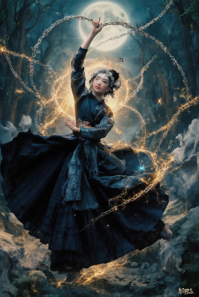 ultra realistic digital oil painting3D, a woman, snowflakes and purple-silver aura glowing out from her body, dancing on the The stone floor is carved with a giant lotus-pattern, is now surrounded by intense huge purplegold-flames glowing on floor, dynamic movement, background is mist mountain, masterpiece,fantasy art,UHD 64k high resolution,intricate detail