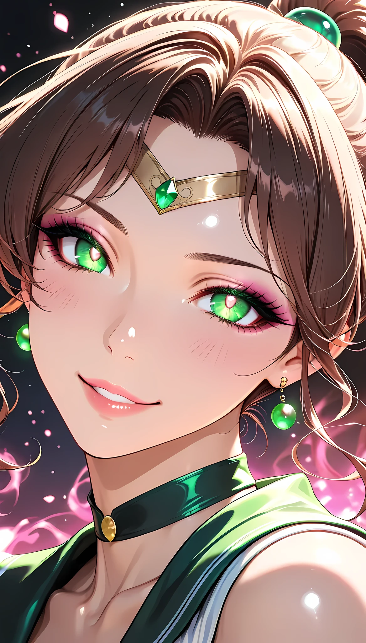 1 woman with glowing green hair, solo, sailor Jupiter, (sailor Jupiter costumes), beautiful expression , kind smile, attractive eyes, glossy skin, Graceful Behavior, Fine Gloss, parted 唇, brown hair, ponytail, blush, portrait, face focus, Medium close-up shot, high resolution, precise texture, Delicate Details, Natural Shadows, sophisticated background, Boundary between Reality and Dreams, 繊細なportrait, digital art, Picture, High Quality, 非常にhigh resolution, (best quality), (ultra-detail:1.2), high resolution, very aesthetic, ultra-detail, cinematic, masterpiece, best quality, sharp outline, detail eyes,