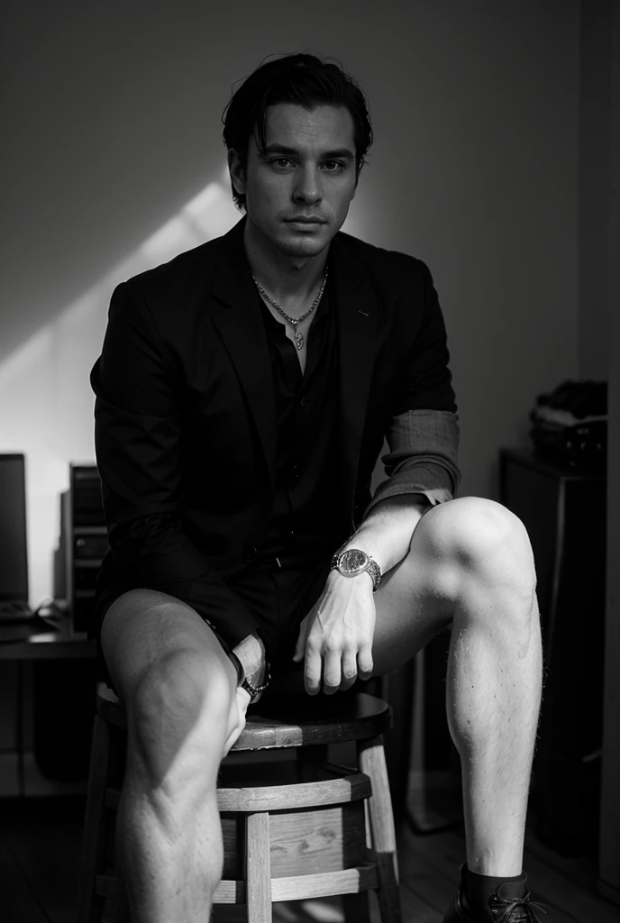 a 20 years old male, wearing black underwear, big bulge, black sheer socks, lying down , masculine pose
