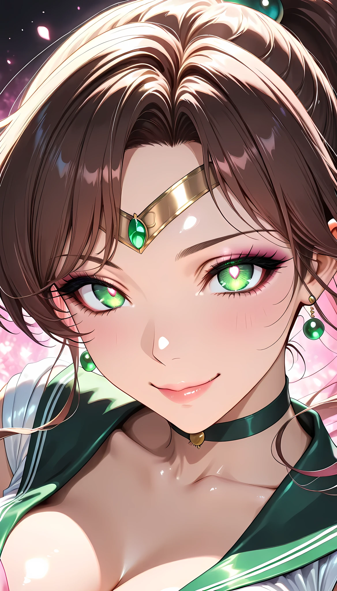 1 woman with glowing green hair, solo, sailor Jupiter, (sailor Jupiter costumes), beautiful expression , kind smile, attractive eyes, glossy skin, Graceful Behavior, Fine Gloss, parted 唇, brown hair, ponytail, blush, portrait, face focus, bust shot on right nipple, Medium close-up shot, high resolution, precise texture, Delicate Details, Natural Shadows, sophisticated background, Boundary between Reality and Dreams, 繊細なportrait, digital art, Picture, High Quality, 非常にhigh resolution, (best quality), (ultra-detail:1.2), high resolution, Very Aesthetic, ultra-detail, cinematic, masterpiece, best quality, sharp outline, detail eyes,