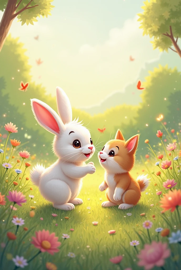 Cartoon anime 3D characters of The cute brown rabbit, now free, stands before the cute young white wolf, looking up at him with gratitude. The cute young white wolf's expression is soft, showing his kind nature as he listens to the cute brown rabbit's words of thanks.