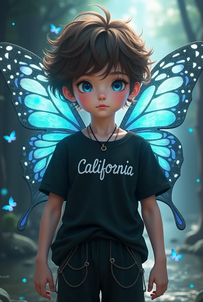 make me a origional charater, a toddler, tan skin, dark brown wild hair, pitch black eyes, death moth wings, death moth attenas, black/dark brown patches of fur on the body, small and chubby, wearing a shirt with a cartoon skull on it  and black pants