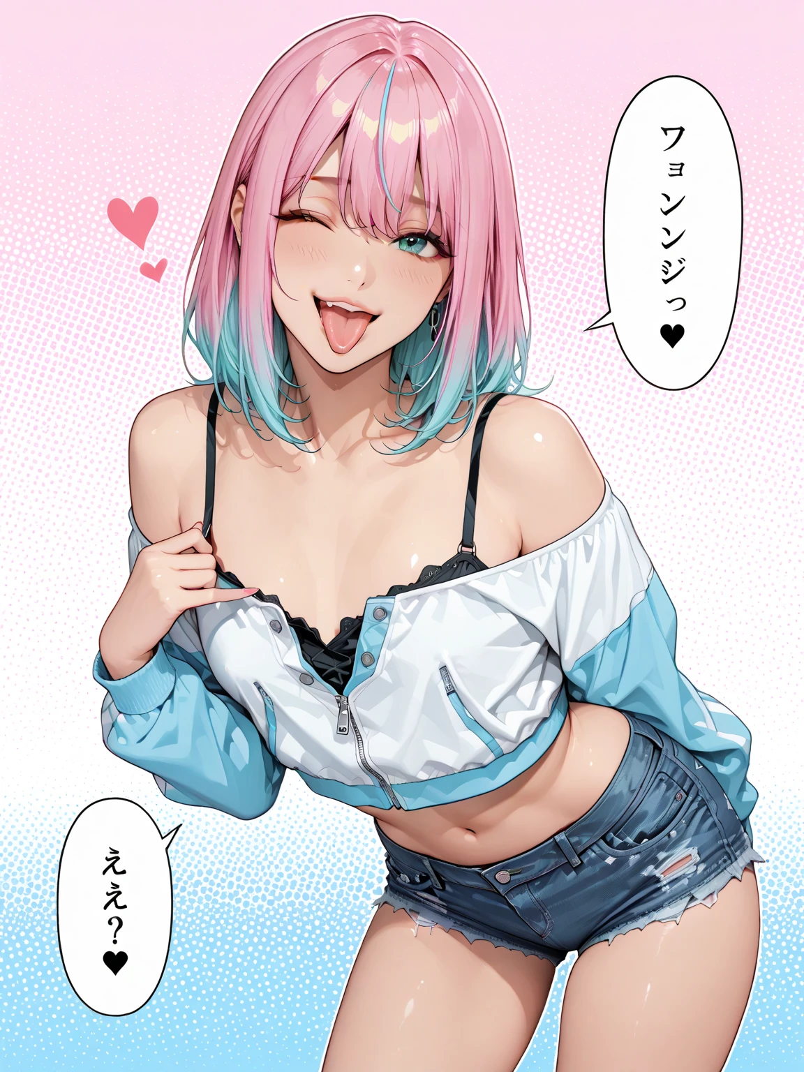 A girl with pink hair, partly braided, short hair, white background, white shirt, smiling, wet,Push-Up Bra