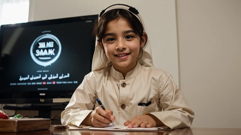 there is a young girl Five years old wearing a white head scarf, a picture, close up potrait, innocent face, potrait, perfect expression, innocent look, inspired by Nazmi Ziya Güran, profile picture 1024px, reyyan, old picture, innocent smile, white hijab, inspired by Naza, full protrait, sweet and innocent, 3D render, 3D Cartoon, big head, cartoonish look, high resolution, super detail, soft lighting