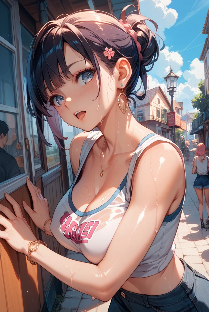 (work of art, best qualityer, high resolution:1.4), wall-paper, whole body, 1 girl, very long hair, flat hair, white  hair, (hair blue:1.0), (Bblack hair:1.0), bright green eyes, multicolored hair, gradient hair, smallbreast, round chest, Facing the side, yukata semi nu, holding party popper, natta, hair clip, side stripe, thick red lips, delicate finger in mouth, fully body, (((the woman has an unquestionable body, thick fit body e coxa, big-ass, defined body)))