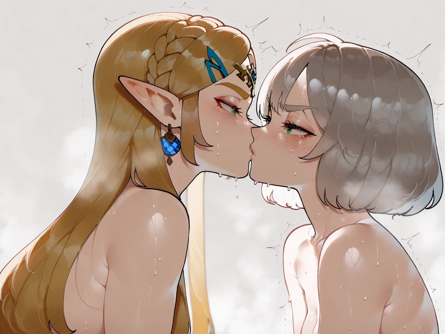 score_9, score_8_up, score_7_up, shaded BREAK 1futanari and 1girl, futanari Purah having sex with Zelda, white hair, blue eyes, glasses, white skin, thick black slave collar around neck, short hair, blonde hair, green eyes, white skin, short hair, v-shaped eyebrows, smug, looking at viewer, topless, bottomless, fully naked, fully nude, girl bouncing on futanari's lap, squirting liquid, penetration from behind, huge thick penis penetrating vagina from behind, sex scene, vagina spread by huge thick penis from behind girl, vagina leaking liquid, blushing, screaming from ecstasy, tongue out, eyes looking up in climax, hand squeezing breast, fingers squeezing breast, fingers pinching nipples, pulling nipple, bodies touching, large breasts, huge breasts, round full breasts, super thin waist, heart shaped hips, kissing, Purah's penis penetrating Zelda's vagina, Zelda straddling Purah while being penetrated, sexual intercourse, sensual scene, outdoors, sunset, balcony