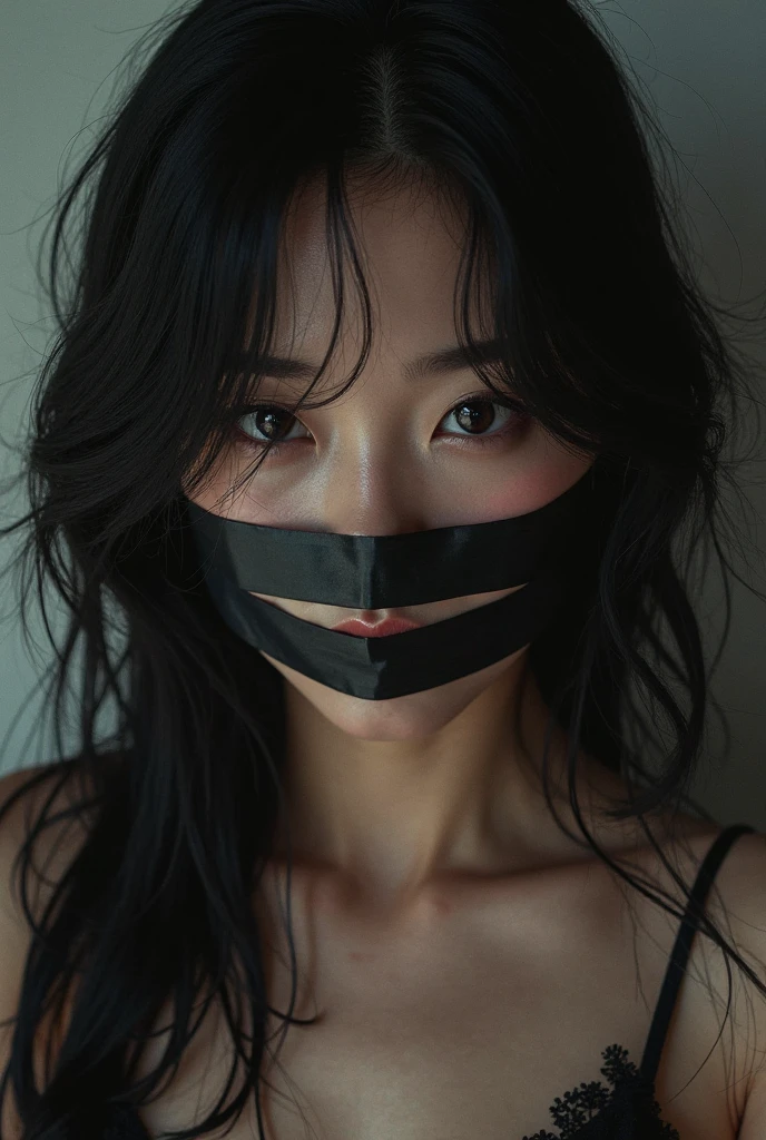 close-up of beautiful korean female, 34 inch breasts size, wearing as Ada Wong from resident evil, crowded, street city building background, UHD Full Body View,tape gag,gagged,