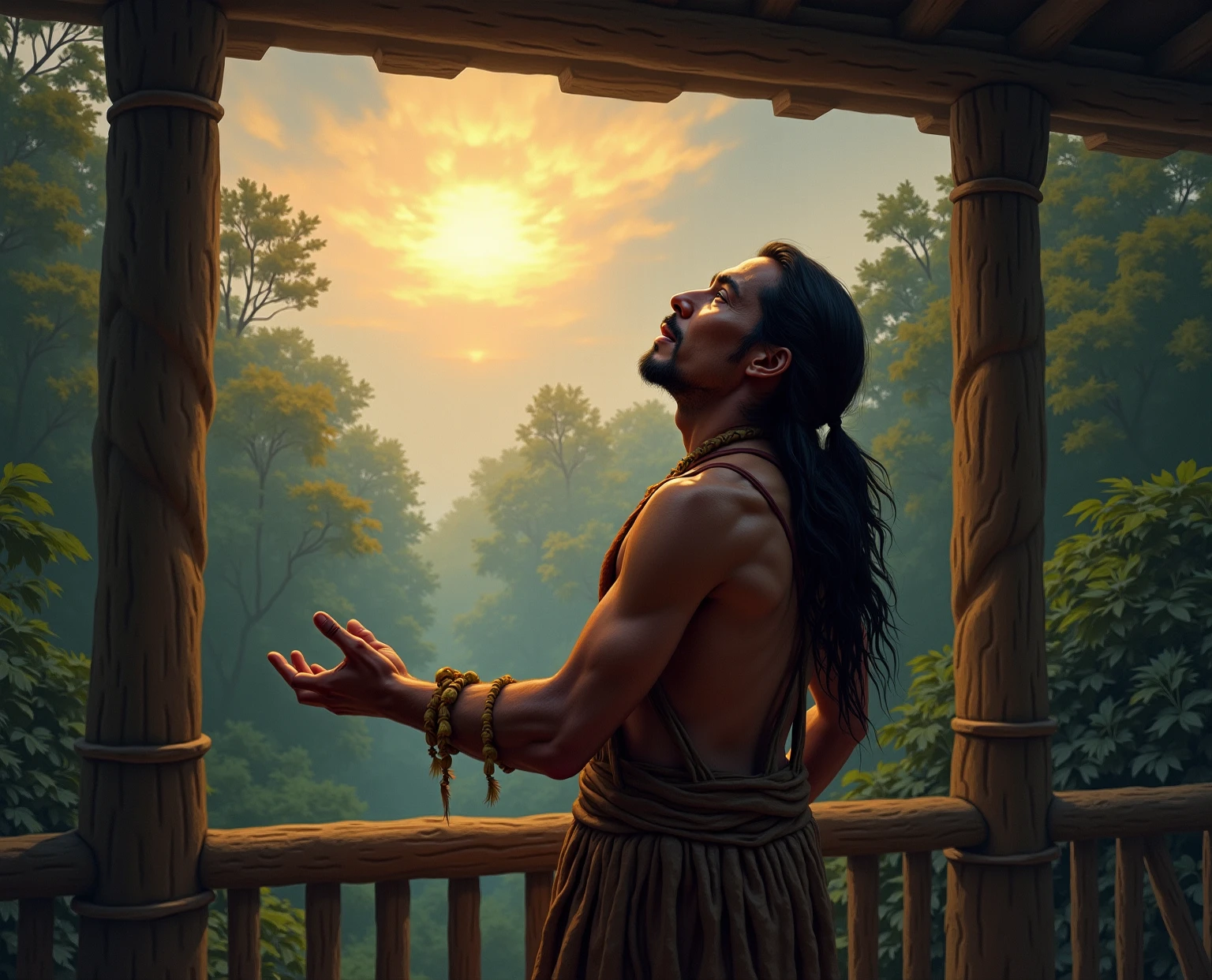 An indigenous man praying in the middle of the sunset on his knees, He has straight hair and is wearing clothes made of straw and leaves with no upper clothing., I want the scene to contain vibrant colors and lots of light illuminating the indigenous man who is praying.. In the background of the image you can see a huge sun around it and some distant forests., comic book style.