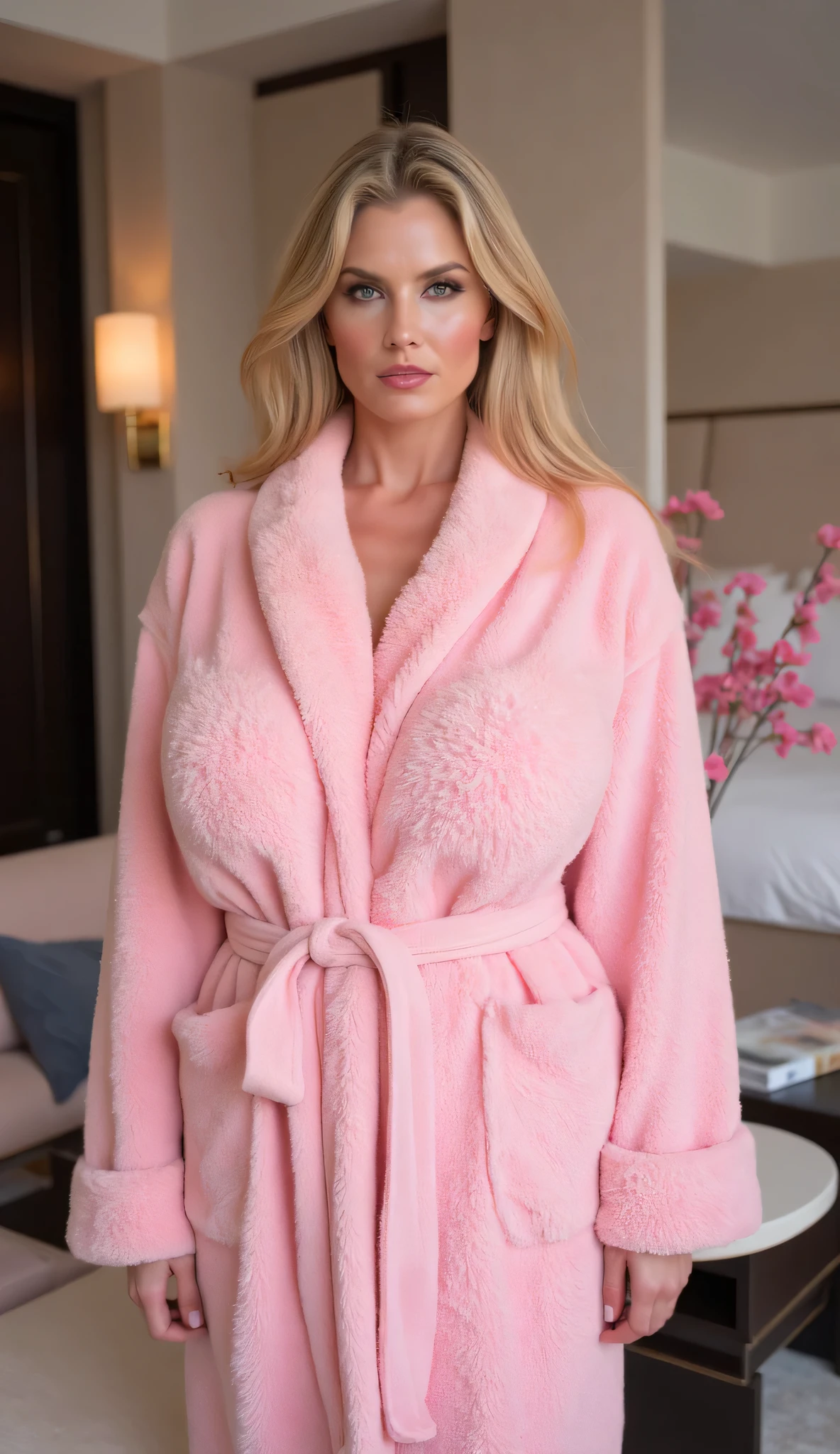 Fat woman, blonde, straight long hair, chubby, busty cleavage, 40 years old, caucasian, bbw, chubby, no makeup, morning face, light soft pink glow lipstick, full body picture, bathrobe, selfie, big hips, wet hair
