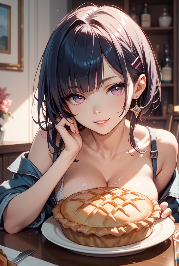 Tabletop, Highest quality, shape, Very detailed, In detail, High resolution, 8k wallpaper, Perfect dynamic composition, Beautiful attention to detail, ,Medium Hair、Natural color lips, Bold sexy pose,((One purple-haired 20-year-old girl))、Small underwear、Big Breasts、Big Ass、Sitting on a chair eating soft serve ice cream、smile、cute、sexy shot looking at camera、Embarrassed expression