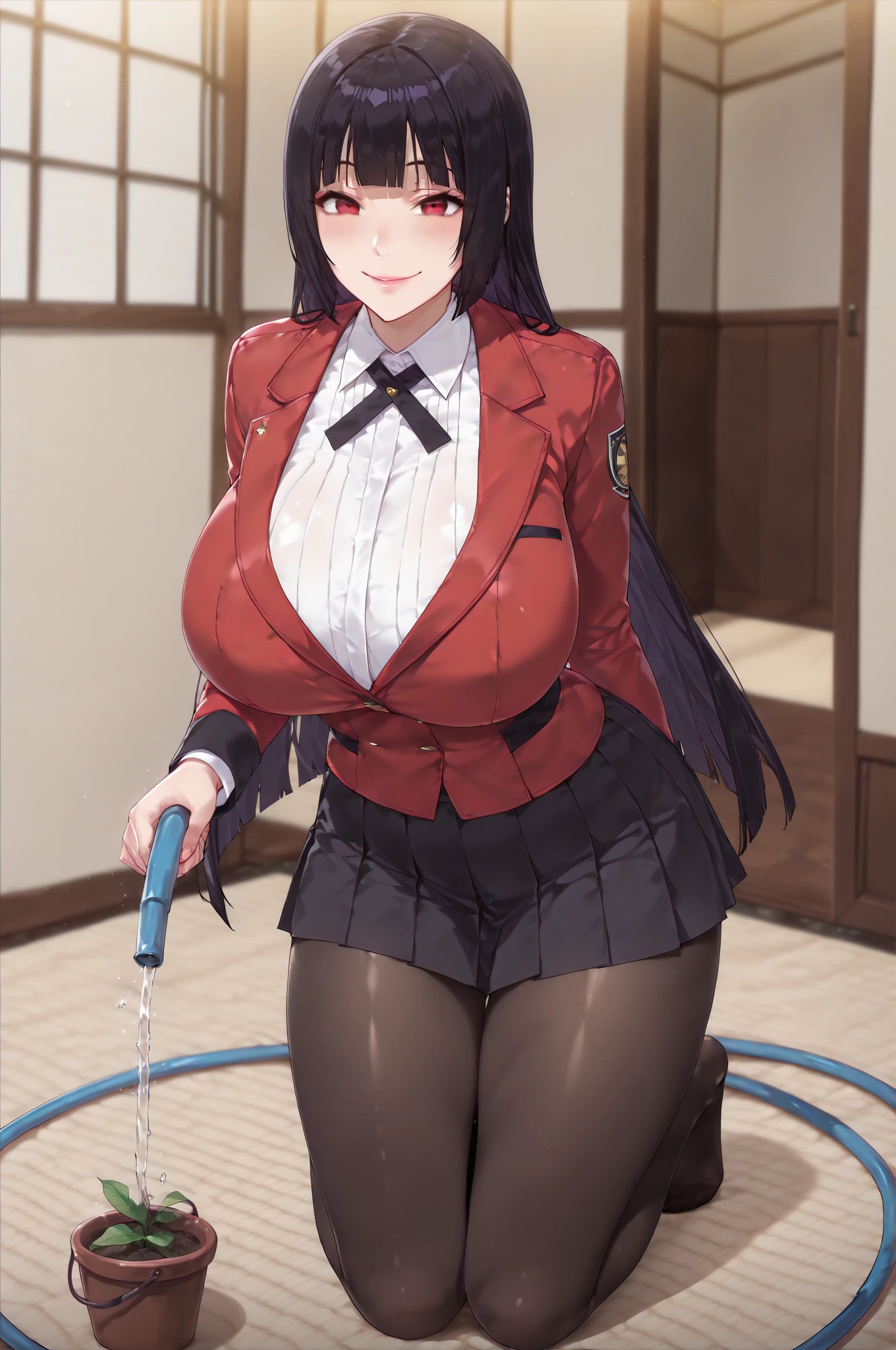 masterpiece, best quality, high resolution, 1girl Saeki Kaori, But breasts exposed, Tight red dress, Black over-the-knee stockings, classroom, Cowboy shooting, Horny, Looking at the audience, Focus only