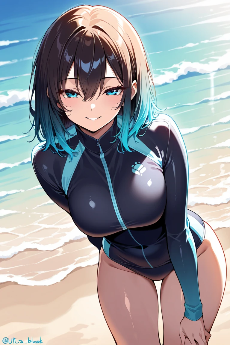 mastute piece,Best Quality,insanely detailed,8k cg,nsfw,
(shoot upper body:1.3),
(1girls:1.3),standing,looking at viewr,body in front,both arms behind back,(wetsuit:1.3),(bare breasts:1.1),(bare nipples:1.1),
break,
blush,shy,(ecstasy face),(trembling:1.2),break,(blue hair:1.2),
break,
perfect breasts,perfect teats,(open mouth:0.9),(large breasts:1.2),
(beach)、