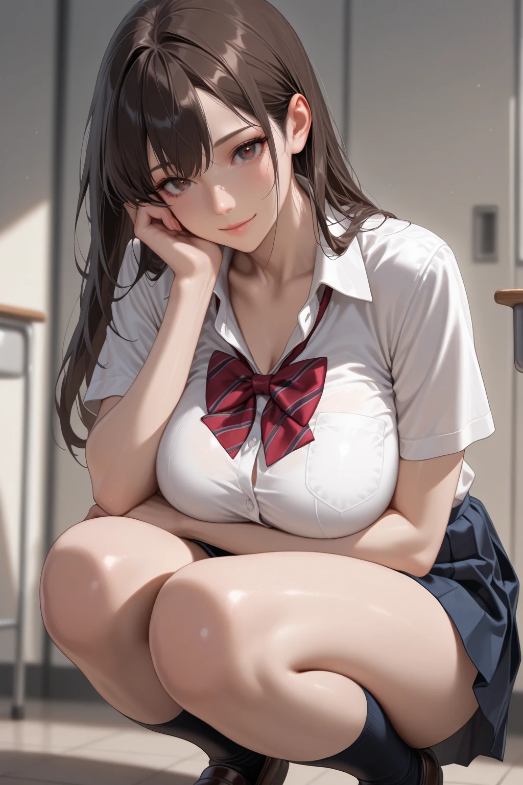 (On the table: 1.3), (Maximum resolution: 1.2), (Ultra HD TV: 1.2), Cinema Lighting, Ultra HD TV, (Delicate eyes and skin), (Detailed facial features), North African Free Trade Area, 8k resolution, Sharp focus: 1.2, Perfect Style, Cute face, Perfect body, Accurate, Anatomically correct, Highly detailed face and skin texture, Delicate eyes, dark blue eyes, double eyelid, Thin eyebrows, Glitter Eyeliner: 1.2, natural cheeks, Shiny skin, White skin: 1.2, sparkly necklace and earrings, (glossy lips: 1.4), rest, one person'perspective, (((Very cute school girl))), (Sexy pink lace), (smile: 1.2), ((Pure and cute girl:1.3)), (Long Wavy Hair), (Light brown hair:1.2), , rest, ((Very close relationship: 1.2)), moderately, ((Looking at the audience:1.2)), (Library 1.2), ((Please bend your knees:1.2)), (From the side:1.2),Low angle shot,Off-the-shoulder mini dress,mini skirt,Embarrassed look,(((Big Breasts))),((((uniform)))),(((Her skirt is lifted up)))
