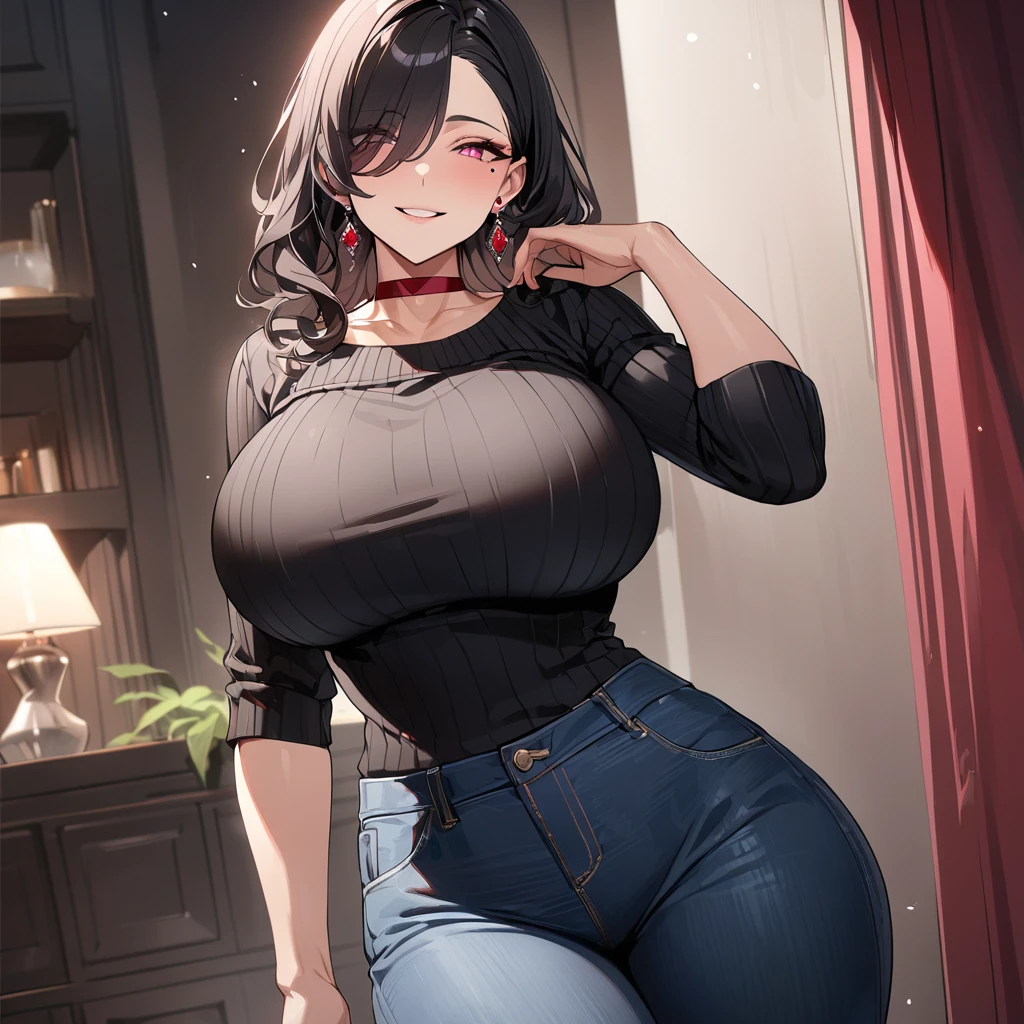 (best quality,masterpiece) ,1 girl, modest breasts, wide hips,thick thighs, ponytail, yet black hair narrow waist,white jeans,gray turtle neck, big glases, stern expression,slim body, purple eyes, fireplace background,nerdy
