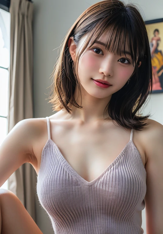 (tampo da mesa, mais alta qualidade, high resolution, , pixel perfeito, 4K,), 1 garota, solteiro, sozinho, Mulher bonita、Eu pude ver todo o corpo、 ((medium wavy hair, franja, cabelo castanho)), ((olhos castanhos, Beautiful eyelashes, realista eyes)), ((rosto detalhado, corar:1.2)), ((Textura suave:0.75, realista texture:0.65, realista:1.1, estilo CG de anime)), medium breasts, dynamic angle, corpo perfeito, ((, professora, , brincos、colar、White high neck sweater、Saia apertada、black knee high socks、Abra bem as duas pernas、Put a colar between your breasts、shy smile)), grau superior、、、noite、Stay on the podium、estique sua bunda、、Close your chest with both arms, show me your pink lace panties、、com o bico do peito para fora