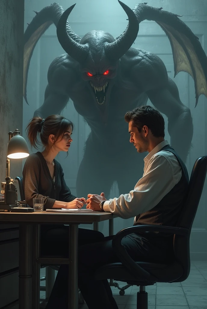 The image shows an intriguing and dark scene, which seems to combine elements of the supernatural with a period setting. In the center of the image, There is a young woman with a serious expression, concentrated on writing something in a document. She wears a white blouse with a classic design and her dark hair falls softly over her shoulders.. 
at your side, Behind her, There is a towering demonic figure with large curved horns, A terrifying face and a muscular body covered in shadows. The devil seems to be watching closely what the woman writes., which suggests a situation of tension or a pact. 
On the other side of the table, in front of the woman, There is an older man, dressed formally in a dark suit and glasses, who also appears to be writing or reviewing documents. The scene is lit by a desk lamp that casts a warm light on the table and documents., creating a contrast with the dark and gloomy background.
The environment seems to be an old office or studio, with shelves and details reminiscent of a bygone era. The overall atmosphere of the picture is gloomy and full of mystery., with a sense of negotiation or deal involving dark forces.