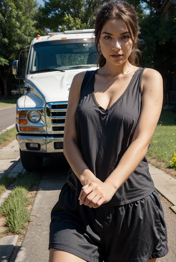 Female mechanic, dirty jumpsuit, dirty white tank top, dirty face, brown braided ponytail hairstyle, bandana, big smile, NSFW