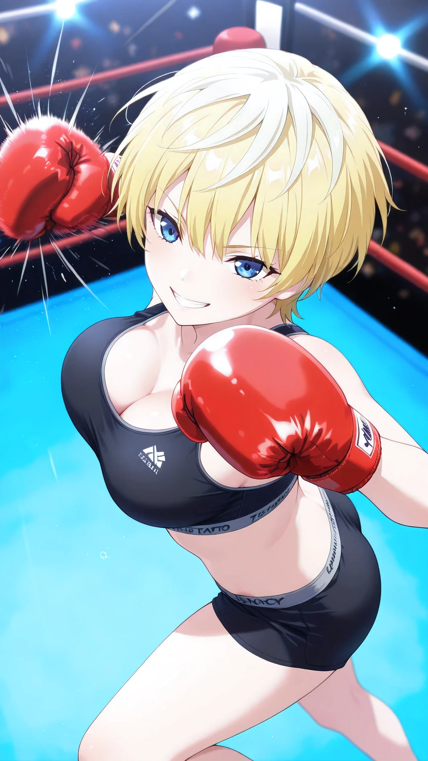 YukiTsukumo, 1girl, AS-Adult, blonde, female focus, solo, (Micro-bikini), (Fighting sexy pose), (Wrestling ring), (Big tits), cleavage, facing viewer,