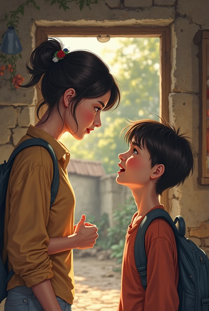 A mother at the door of the brave house and a  in front of her crying (cheered up)

