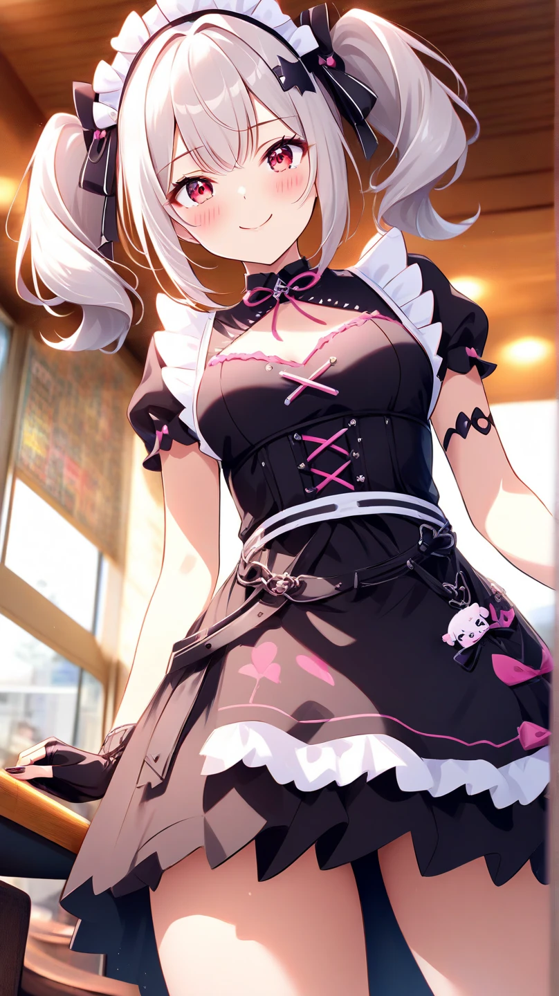 score_9, score_8_up, score_7_up, source_anime, cckana, long hair, two side up, ahoge, hair ribbon, maid headdress, hairclip, mole under eye, blush, fangs, large breasts, choker, frills, cleavage, purple dress, cleavage cutout, corset, short sleeves, striped, single thighhigh, <lora:sukoya_kana_xl_pony_v1:0.8>, middle finger, grin, city, night,