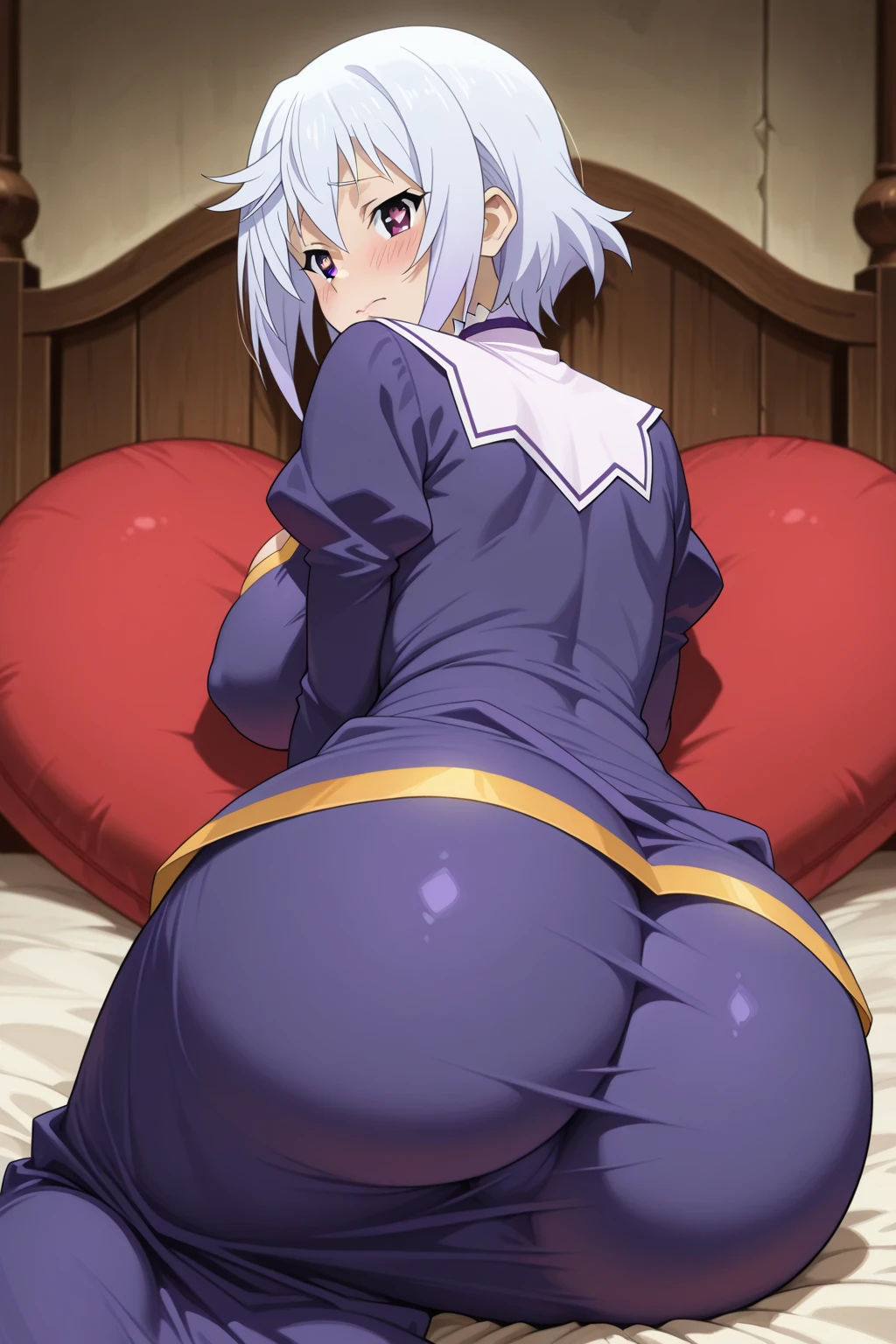 Kaga, kimono, blue thigh highs, bed, laying on her back, legs spread, no panties 