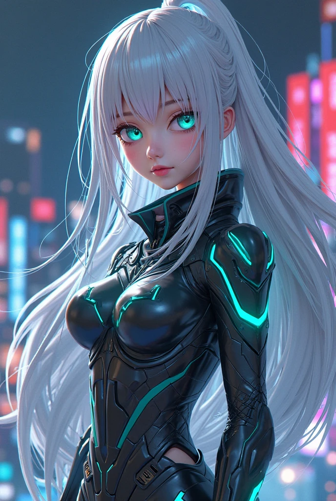 1girl, ((very long ponytail)), white hair, (beautiful detailed eyes), silver eyes, ((target shaped eye)), intricate plug suit, side cutout, clavicle, cyberpunk city, futuristic, masterpiece, best quality, very aesthetic, absurdres, newest, ai-generated, intricate details, realistic, photorealistic