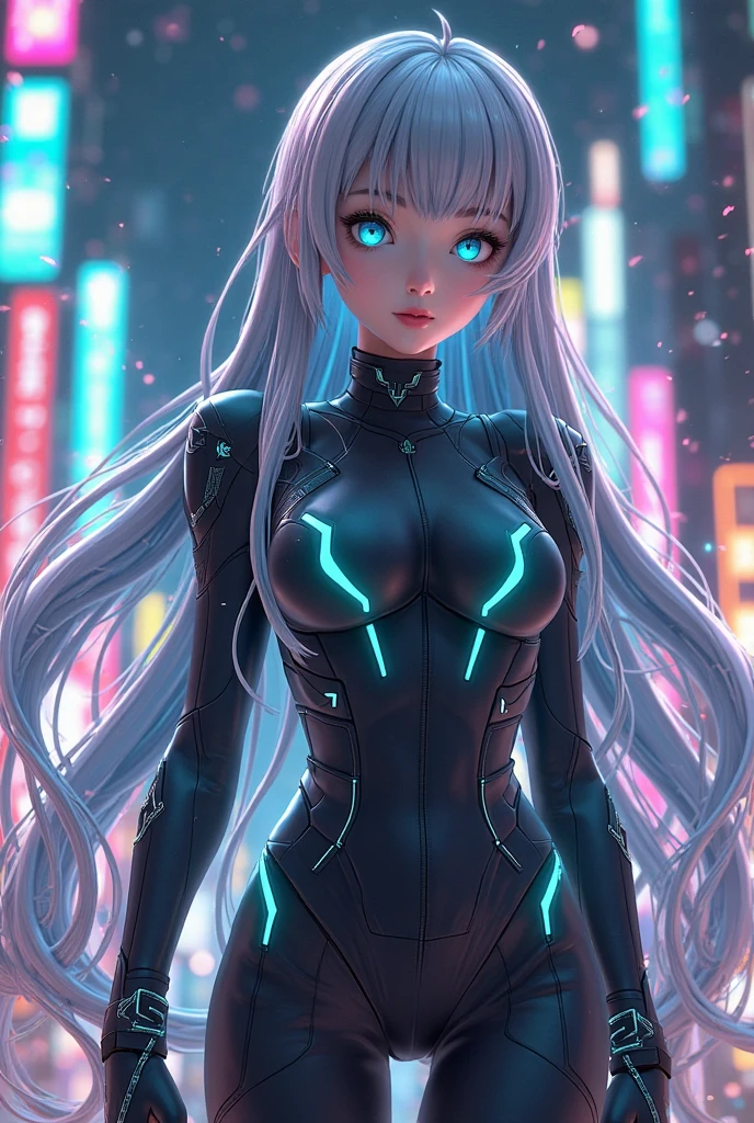 Anime version of white hair green eyes, ai girl, age , wearing neno tech suit.
