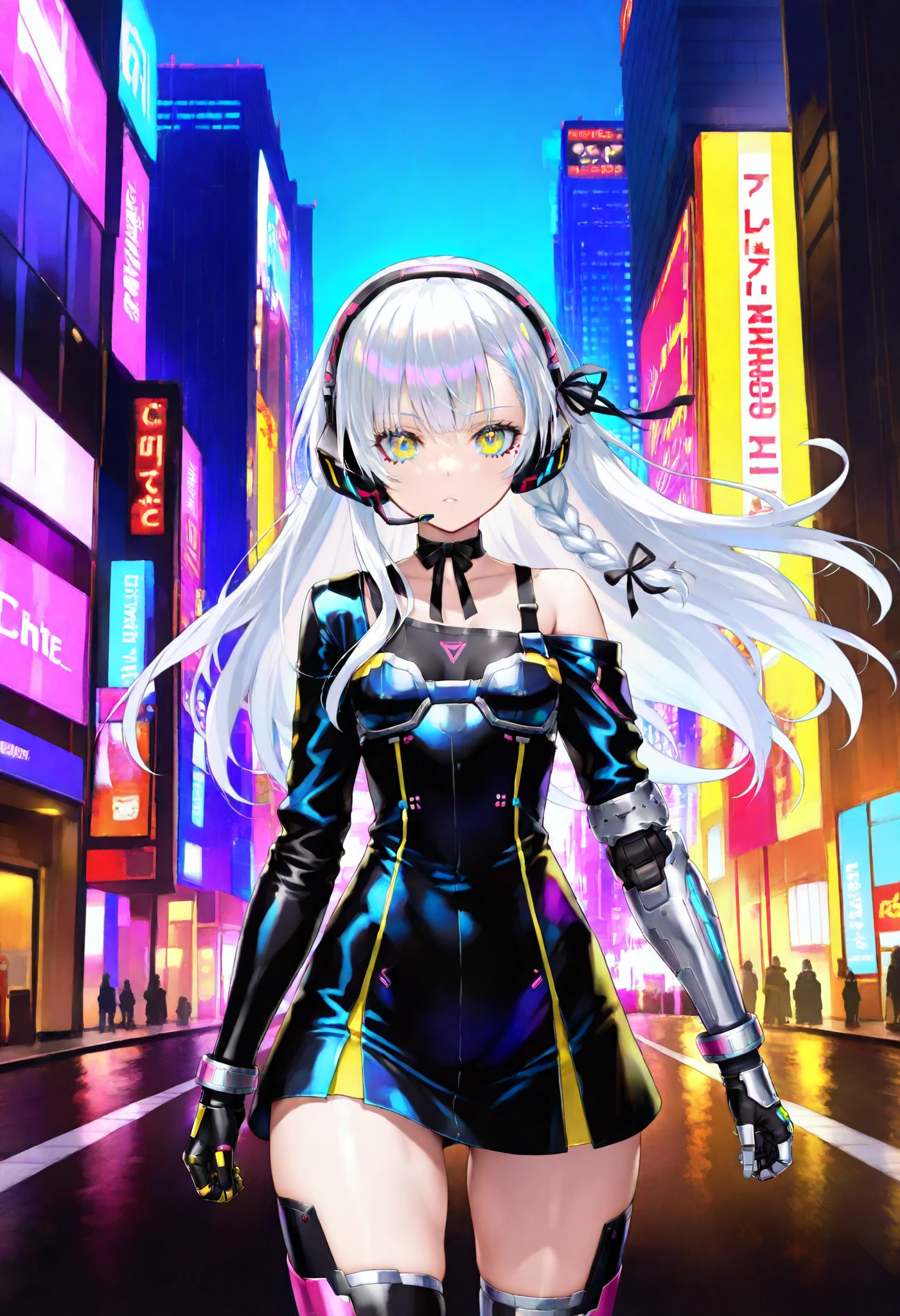 Highest Quality, Detailed depiction of the eyes, one female, youth, slender body, grayish white hair , long hair, one side braid grated , Big cat eyes, chrome yellow color eyes, cyber punk, iron blue mechanical arm guards , iron blue mechanical leg guards , Black body armor , Expose Shoulder , Expose thighs , mechanical headset, Black Ribbon Choker , neon city ,