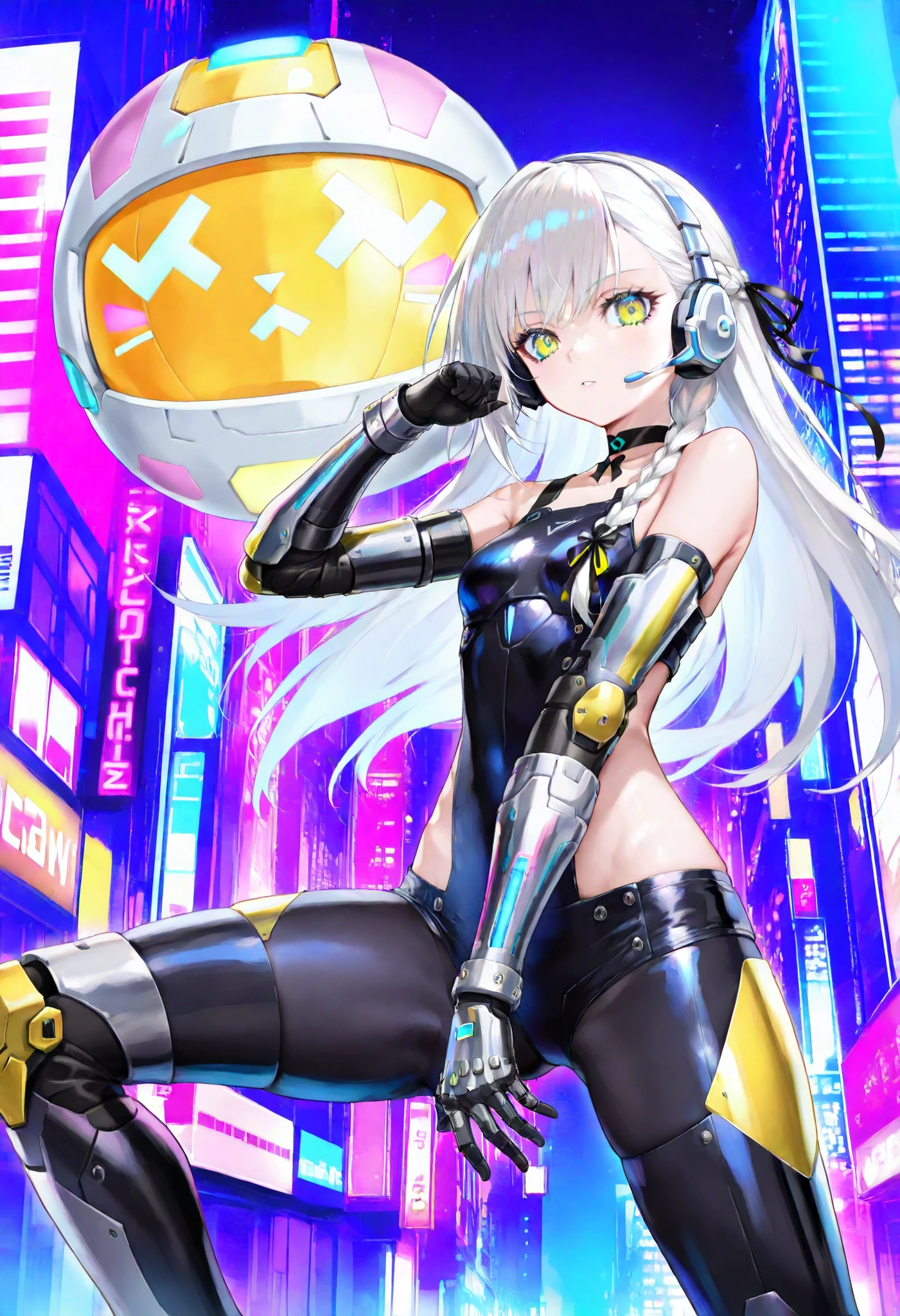 Highest Quality, Detailed depiction of the eyes, one female, youth, slender body, grayish white hair , long hair, one side braid grated , Big cat eyes, chrome yellow color eyes, cyber punk, iron blue mechanical arm guards , iron blue mechanical leg guards , Black body armor , Expose Shoulder , Expose thighs , mechanical headset, Black Ribbon Choker , neon city ,