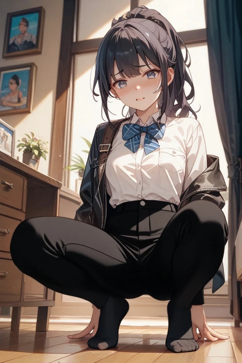 very cute and beautiful girl,(Very detailed美しい顔), (smile),blush,Black Hair,Seraphim,(White Shirt、Pleated navy blue pread your legs、Squat)、Sitting、(From below)、(Black tights、Lacy white panties), Country road, (Highest quality,masterpiece:1.0),Absurd,High resolution,Super detailed,Very detailed,32K,8k resolution, Intricate details,Movie Scenes,Detailed Background,alone,Dynamic Angle,