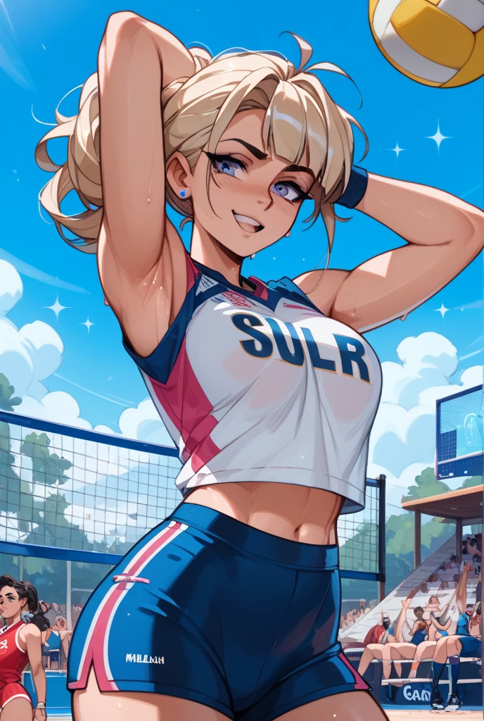 masterpiece, best quality, 8K, 1 girl, detailed face, detailed skin, detailed outfit, detailed background, perfect eye, cute, erotic, beautiful legs, mischievous smile, opened mouth, blushing, sparkling sweat, sleeveless shirt, baseball uniform, light blue shirt, navel piercing, diamond pierce, pleated mini skirt, light pink skirt, thigh baring, pearl bracelet, pearl necklace, pearl earing, baseball stadium, she is yelling, standing at audience seat, harsh sunlight, gal, bitch, dark skin, blonde hair, green eyes, permed twin tail, hair flower, cap