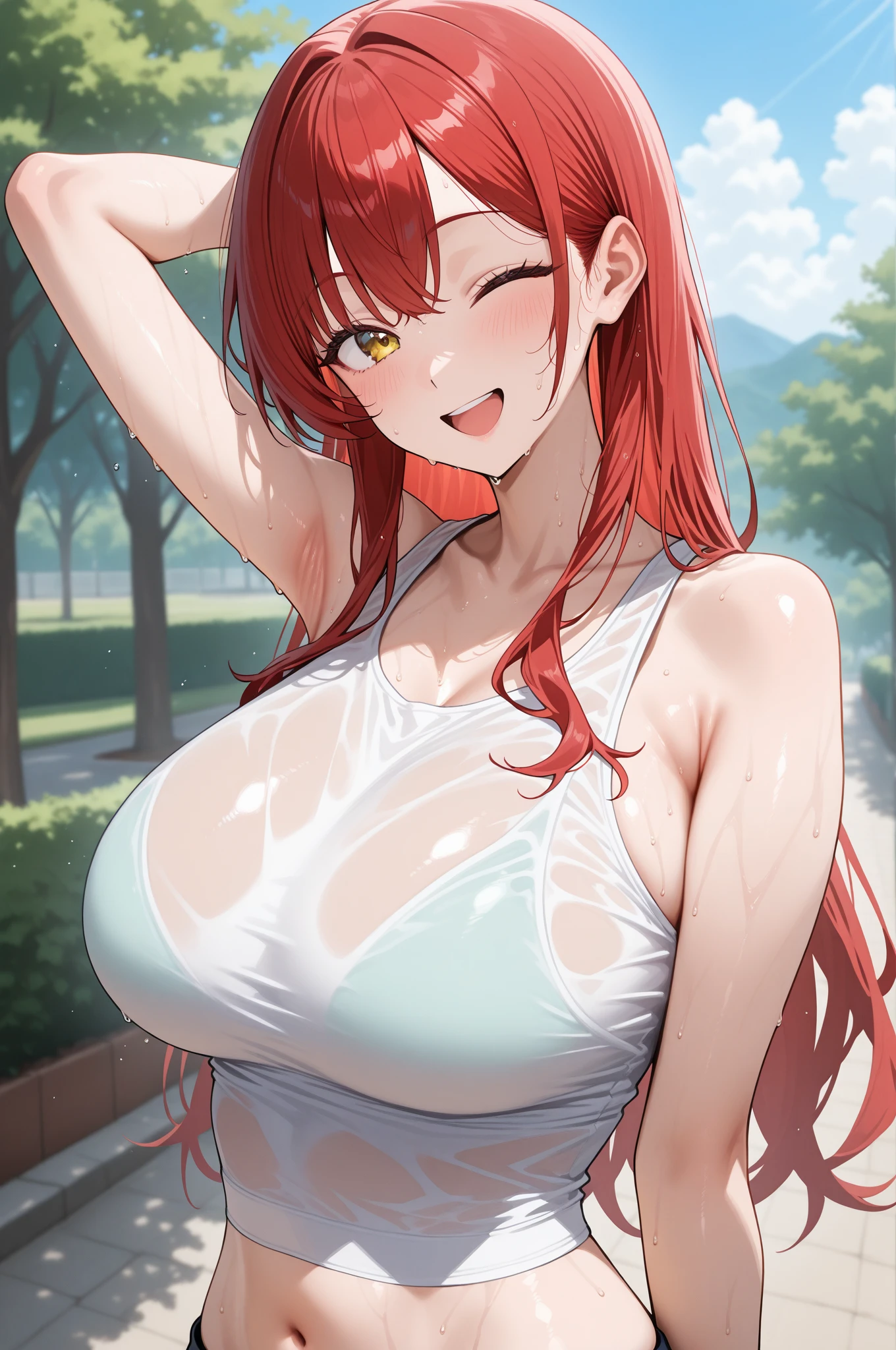 Red hair ponytail、Yellow Eyes、High school girls、濡れて透けたGymウェア、Gym、Big Breasts、Grin、Sweat:1.5