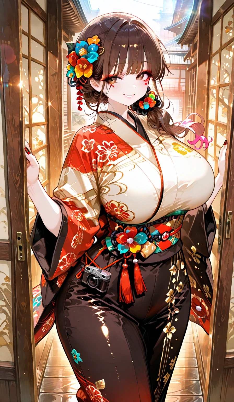 (cinematic light, highest quality, 8k, masterpiece: 1.3), (World Wonderful, japanese goddess, beautiful japanese girl, korean goddess), (whole body), one girl, (necklace, bracelet, anklet, leg ring), (Huge胸, cleavage, exposed chest, Sexy cleavage, highly detailed chest), (Huge), À la Fed Woman in kimono, kimono, Classic kimono, kimono, Japan kimono, 長くて美しい流れるkimono, 複雑な芸者のkimono, 赤または紫の花模様のkimono, Japanese style, kimonoを着ている, Inspired by Kano Hogai,