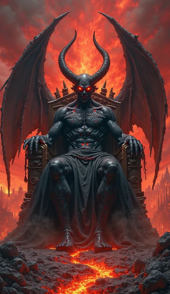 A Devil sit in the chair of king with crown and with big wings of Angle
