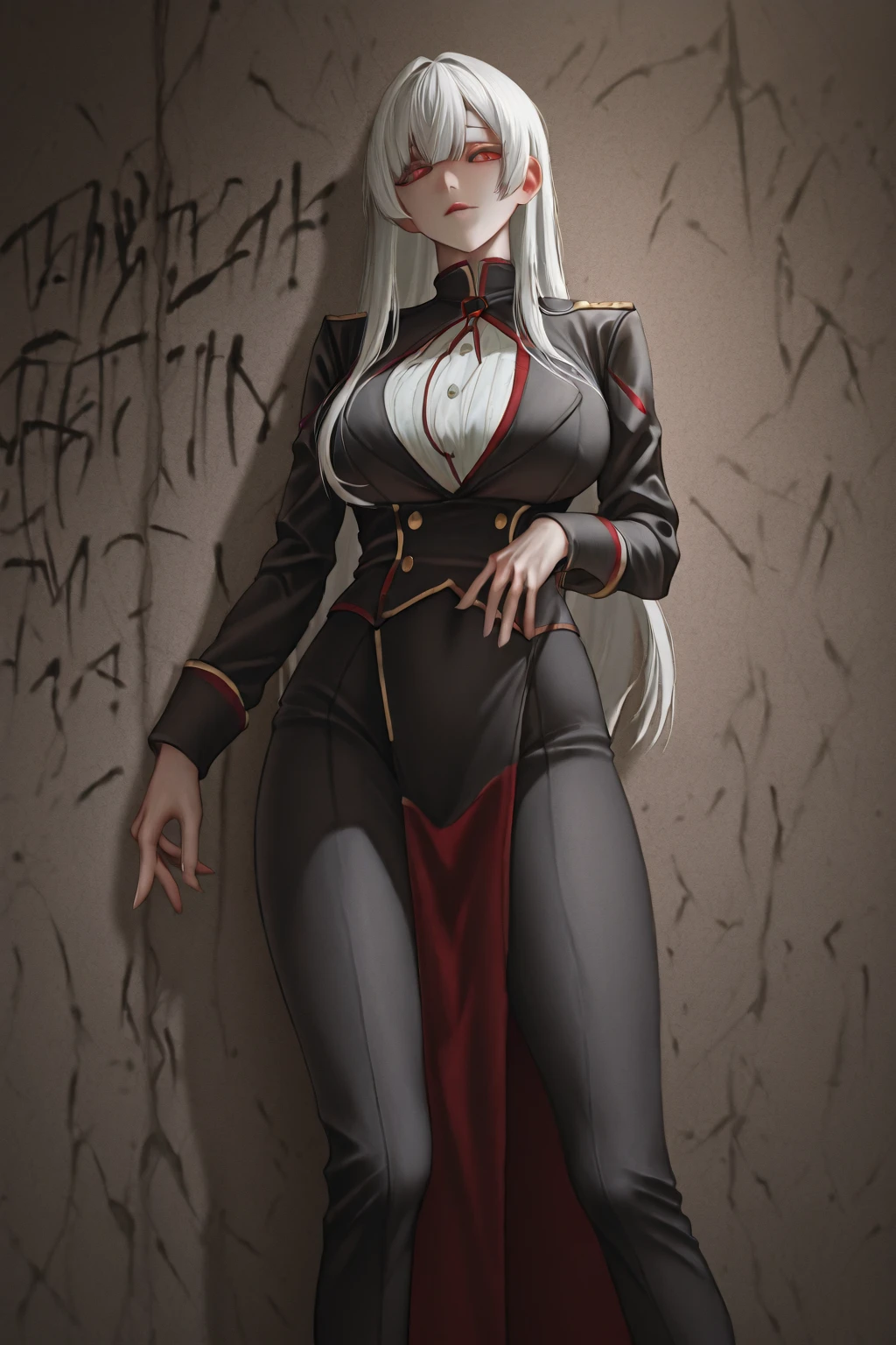 (beste-Qualit), (tmasterpiece), (Gloomy color scheme:1.5), ((Close-up of a girl in a suit and tie)), 1girl in costume, androgynous vampire, junji ito 4 k, with long gray hair, ito junji art, style of junji ito, portrait of sadako of the ring, Gentle androgynous princess , Beautiful androgynous princess, red costume, ((with her long white hair:1.5)), stocklings, (big yellow eyes:1.3), fangs, detailing, (generous cleavage), Burst breasts, extra high resolution, 8K, (The blood on her lips runs down her neck), (Lovely Medium Breasts), perfect anatomy, (Gloomy color scheme:1.5), (shapely body), Microthongs, Beautiful slender legs, sexypose, (Hands Behind Your Back:1.2), (Looking down), (The gaze is directed downwards), (Night Sky Background: Red Moon)