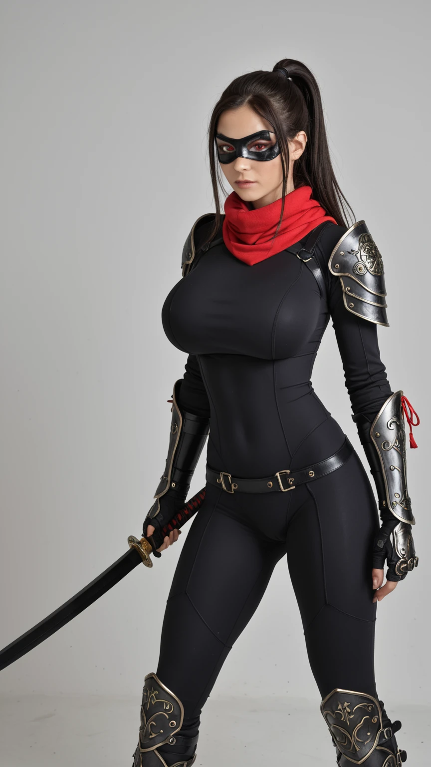Killer Woman, Body, Red and black assassin costume, Holding a big dagger, (masutepiece: 1.4), (8K, Realistic, Raw photo, Best Quality: 1.4), Big dagger, Japan mature woman, large full breasts, Beautiful beautiful face, (Real Face: 1.4), Perfect , Beautiful hairstyle, Realistic blue eyes, Beautiful detail eyes, (Real Skin: 1.3), Beautiful skin, Attractive, Ultra High Resolution, A hyper-realistic, city ruins, Post-apocalyptic world, Cinematic lighting, Black-haired mohawk, blue ribbons,a smile, Isekai Fantasy, View, Battle Pose Castle balcony at night