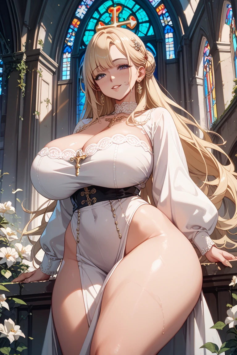 masutepiece, Best Quality,  the Extremely Detailed CG Unity 8K Wallpapers, Beauty Priestess Costume, Long dark blonde wavy hair、White lace dress, (Long flared skirt), Medium milk,  Puffy nipple、Blushing, Shy laughter, Bare shoulders、sexy hips、sexy underwear、Black High Heels、Luxurious magic wand and book、Church of the castle、sexy  pose、(Poses that emphasize the buttocks)