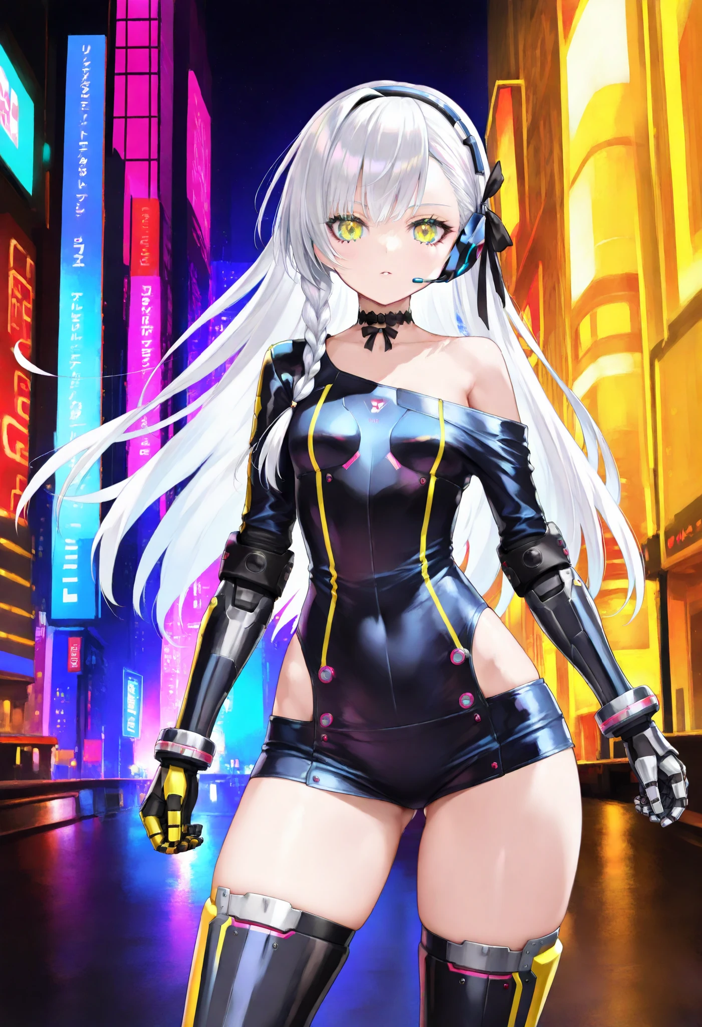 Highest Quality, Detailed depiction of the eyes, one female, youth, slender body, grayish white hair , long hair, one side braid grated , Big cat eyes, chrome yellow color eyes, cyber punk, iron blue mechanical arm guards , iron blue mechanical leg guards , Black body armor , Expose Shoulder , Expose thighs , mechanical headset, Black Ribbon Choker , neon city ,